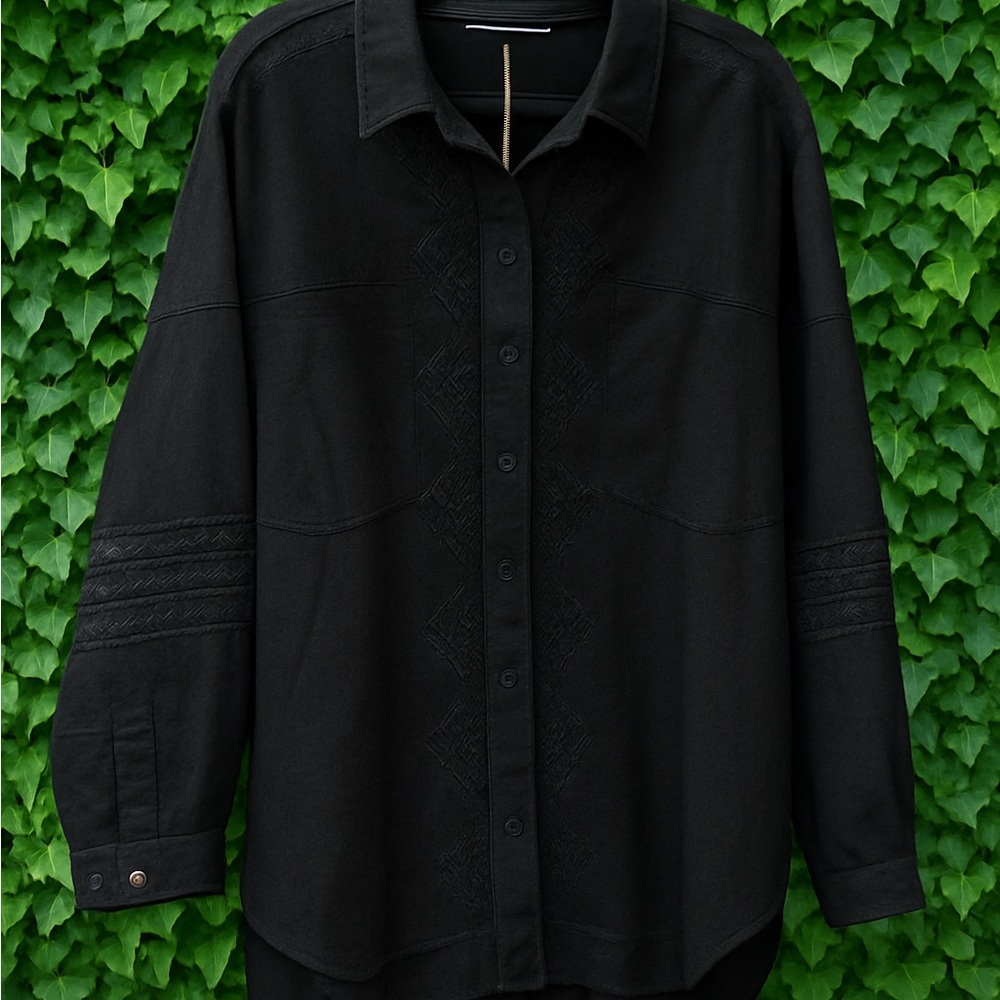 In Loom Oversized Black Embroidered Denim Jacket